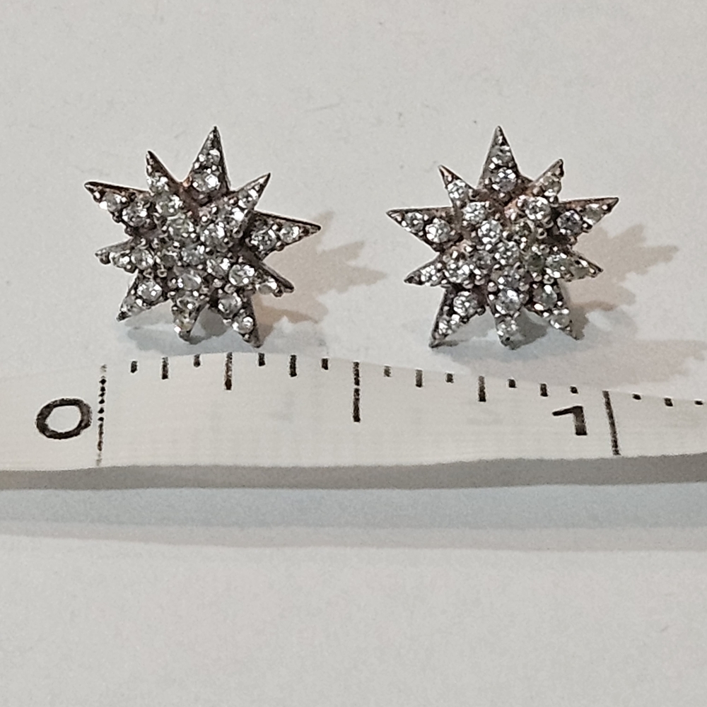 Vintage Sterling Silver Starbust Stud Earrings Crystals Preppy Feminine Retro - Picture 4 of 4